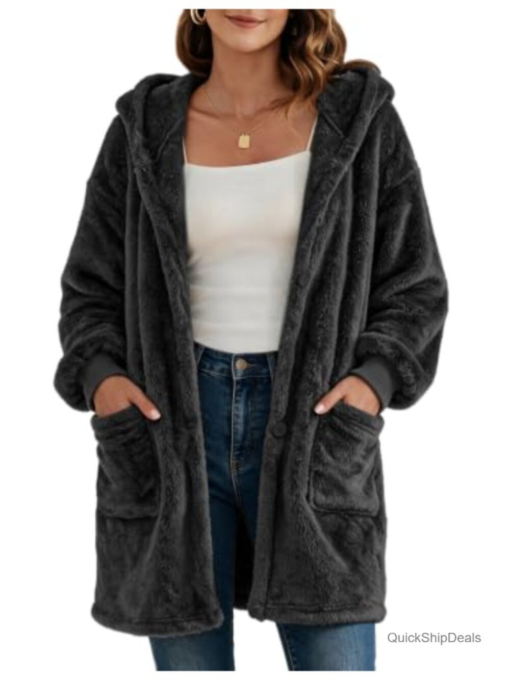 Oversized Fuzzy Fleece Hooded Cardigan Sweatshirt Jacket